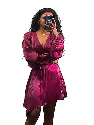 Tularosa Magenta Satin Asymmetrical Wrap Dress Casual Dress (view 1)