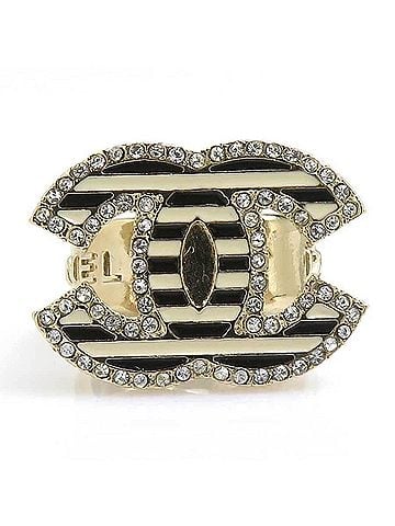 Chanel Chanel ring, Coco Mark design, metal, enamel, gold, black, off-white, women's, e62310a (view 1)