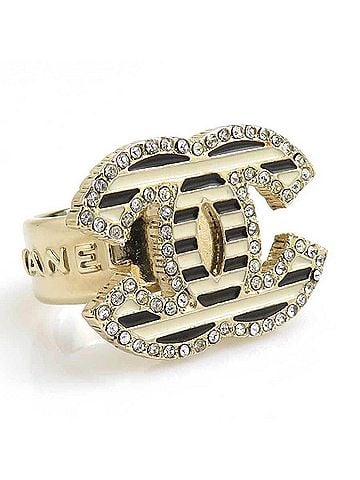 Chanel Chanel ring, Coco Mark design, metal, enamel, gold, black, off-white, women's, e62310a (view 2)