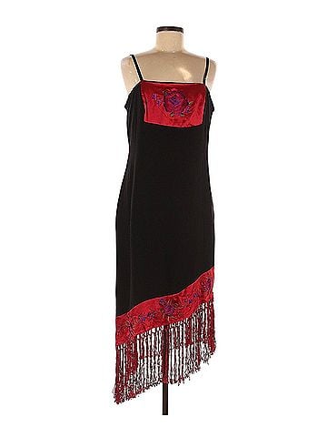Clio Vintage Clio 100% Silk Black &amp; Red Embroidered Fringe Slip Dress Y2K 90s Cocktail Dress (view 1)