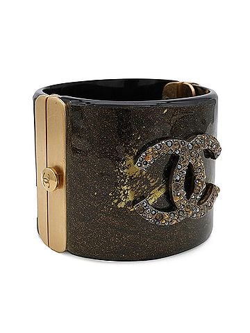 Chanel CHANEL Coco Mark Wide Bangle Bracelet, Plastic, Glitter, Rhinestones, Black, Bronze, 07A (view 2)