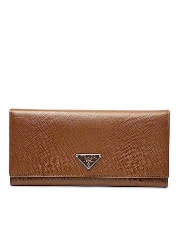 Prada Prada Triangle Logo Plate Long Wallet, Brown Saffiano Leather, Women's PRADA (view 1)
