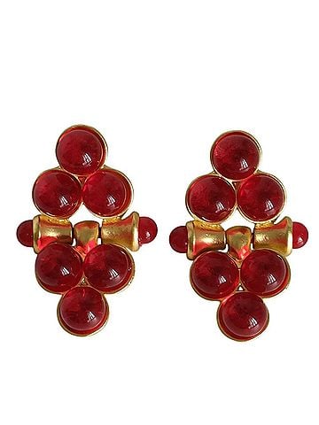 Céline CELINE Vintage Stone Large Stud Earrings, Gold Color, Red, Women's (view 1)
