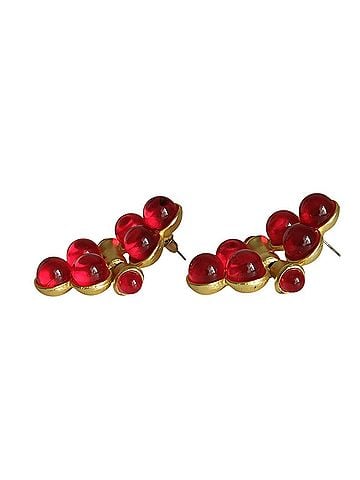 Céline CELINE Vintage Stone Large Stud Earrings, Gold Color, Red, Women's (view 2)