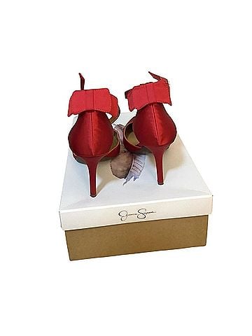 Jessica Simpson Red Satin Strap Up Bow Ankle Pumps Heels (view 1)