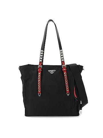 Prada Prada 2-way Tote Shoulder Handbag, Nylon Leather, Black/Red, 1BG260, Silver Hardware. (view 1)