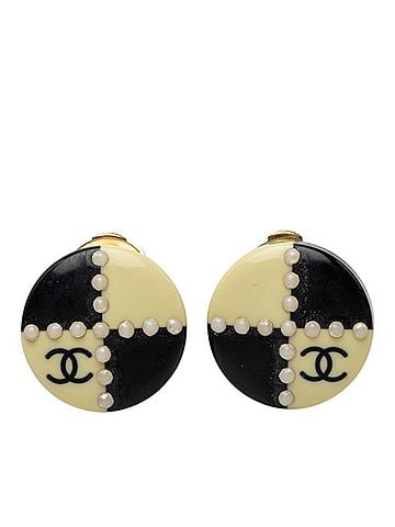 Chanel Chanel Coco Mark Earrings 02A Black Ivory Plastic Plated Pearl Women's CHANEL (view 1)