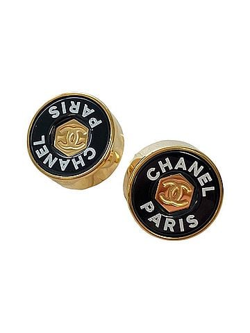 Chanel CHANEL B24C Coco Mark Circle Logo Motif Earrings, Black Gold Color, Women's (view 1)