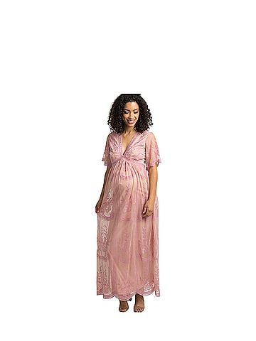 Pink Blush Pink Lace Mesh Overlay Maternity Maxi Dress Cocktail Dress (view 1)