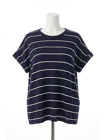 Perch by Blu Pepper Stripe Round Neck Short Cuff Sleeve Knit Top - Plus in Navy (view 1)