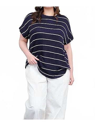 Perch by Blu Pepper Stripe Round Neck Short Cuff Sleeve Knit Top - Plus in Navy (view 2)
