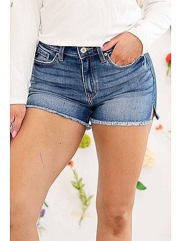 KANCAN JEANS Georgina High Rise Fray Hem Shorts in Dark Blue (view 2)