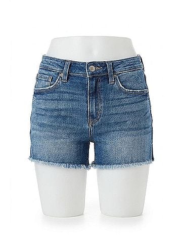 KANCAN JEANS Georgina High Rise Fray Hem Shorts in Dark Blue (view 1)