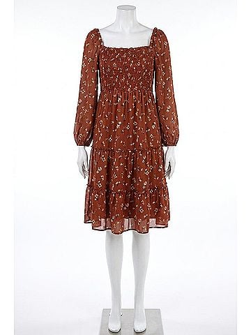 AUW Tiered Floral Dress With Smocking Long Sleeve in Rust (view 1)