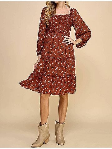 AUW Tiered Floral Dress With Smocking Long Sleeve in Rust (view 2)
