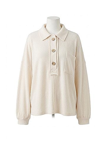 Perch by Blu Pepper Collared Raw Edge Knit Top - Plus in Cream (view 1)
