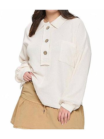 Perch by Blu Pepper Collared Raw Edge Knit Top - Plus in Cream (view 2)