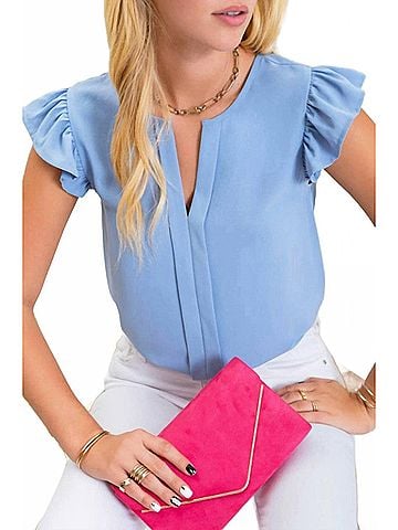 Mine Split Neck Ruffle Sleeve Blouse in Dusty Blue (view 2)