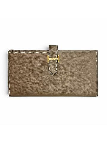 Hermès HERMES Bearn Soufflé, Veau Epsom leather, Etoupe color, gold hardware, bi-fold long wallet, D stamp, made in France, women's, with box. (view 1)