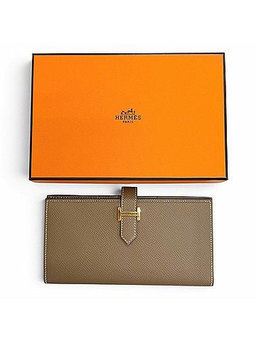 Hermès HERMES Bearn Soufflé, Veau Epsom leather, Etoupe color, gold hardware, bi-fold long wallet, D stamp, made in France, women's, with box. (view 2)