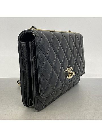 Chanel Chanel Matelassé Chain Shoulder Wallet, Lambskin, Black/Champagne, Women's (view 2)