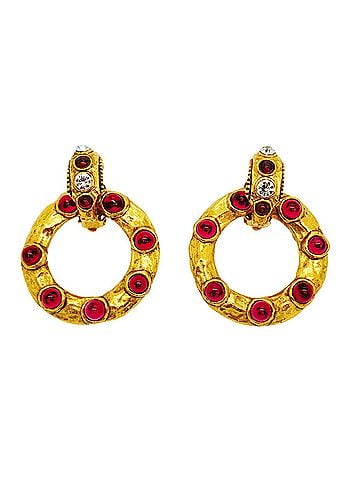 Chanel Chanel Earrings, Circle Design, GP Plated, Rhinestone, Gold, Red, Women's (view 1)