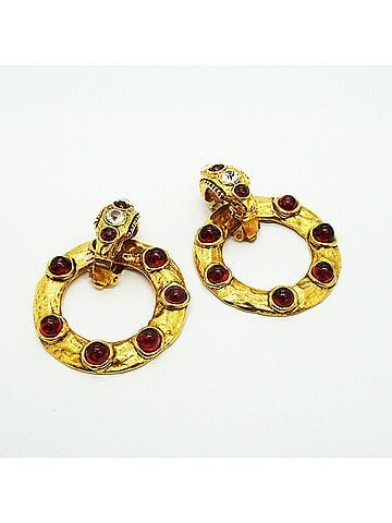 Chanel Chanel Earrings, Circle Design, GP Plated, Rhinestone, Gold, Red, Women's (view 2)