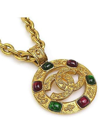 Chanel Chanel necklace, Coco Mark design, metal, glass stone, gold, green, red, women's, e62325i (view 1)