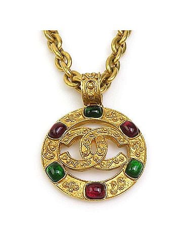 Chanel Chanel necklace, Coco Mark design, metal, glass stone, gold, green, red, women's, e62325i (view 2)