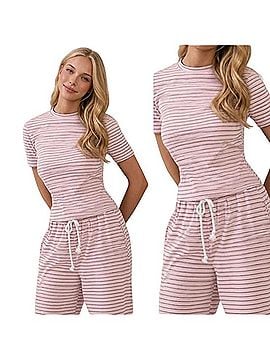 Veveret Brushed Velvet Pink Stripe Short-Sleeve Lounge Set Casual Pants (view 1)