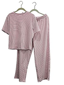 Veveret Brushed Velvet Pink Stripe Short-Sleeve Lounge Set Casual Pants (view 2)