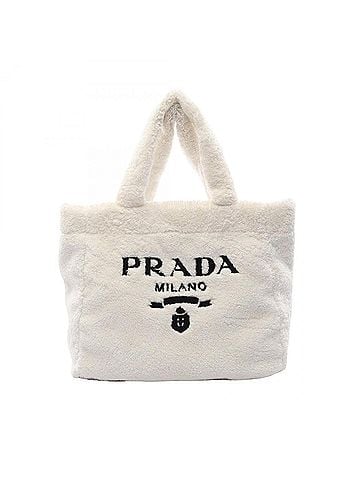 Prada Prada PRADA Terry Lettering Logo Tote Bag Handbag Pile Fabric Women's White/Black (view 1)