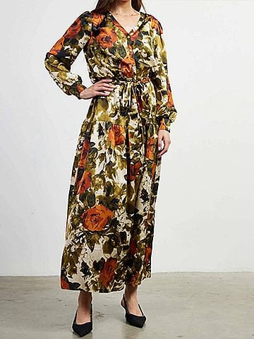 Skies Are Blue Floral Warm Tone Midi Dress in Multicolor (view 2)