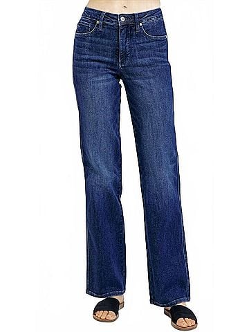 Judy Blue Women's Dahlia Fid Rise Tummy Control Classic Straight Jeans in Blue (view 2)