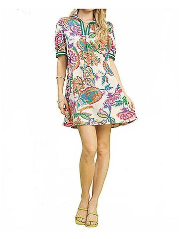 Umgee Jacquard Paisley Print Puff Sleeve Tunic Dress in Cream Mix (view 2)