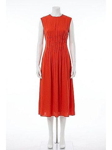 Naked Zebra Silky Pleated Midi Dress in Flame Scarlet (view 1)