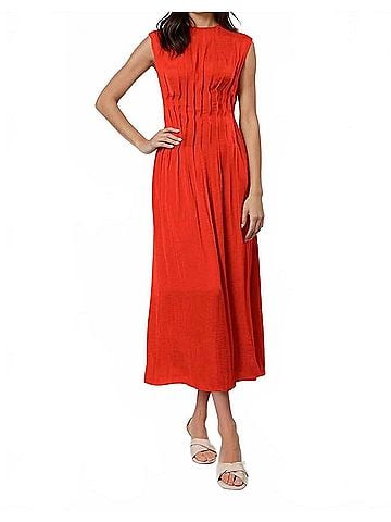Naked Zebra Silky Pleated Midi Dress in Flame Scarlet (view 2)