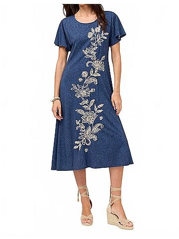 Johnny Was Elowen Flutter Sleeve Knit Dress in Denim (view 2)