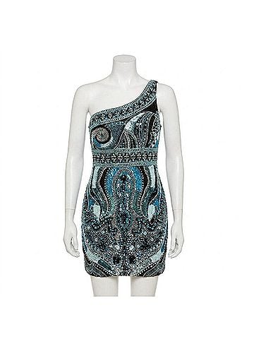 Rachel Allan Asymmetrical One Shoulder Mini Dress in Black Multi (view 1)