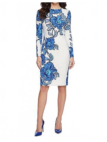 Maggy London Floral Print Long Sleeve Sheath Dress in White Navy (view 2)
