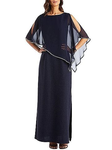 R&M Richards Sheer Cape Long Evening Dress in Navy (view 2)