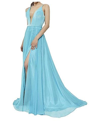Angela & Alison High-Slit Prom Dress in Turquoise (view 2)