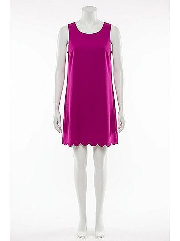 Everly Solid Shift Dress With Scalloped Hem in Purple (view 1)