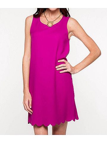 Everly Solid Shift Dress With Scalloped Hem in Purple (view 2)