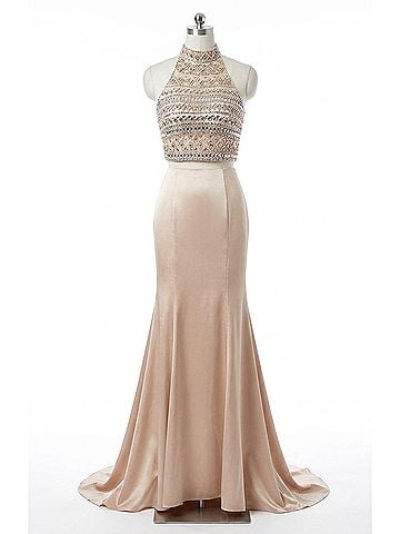 Angela & Alison High-Neck Prom Dress in Pink Champagne (view 1)