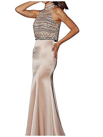 Angela & Alison High-Neck Prom Dress in Pink Champagne (view 2)