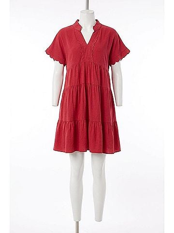 Umgee Women's Linen Scalloped Sleeve Mini Dress in Raspberry (view 1)