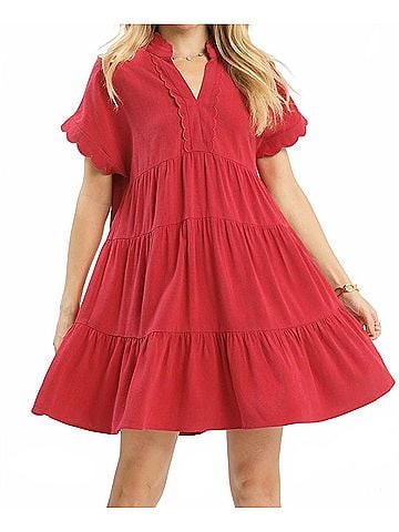 Umgee Women's Linen Scalloped Sleeve Mini Dress in Raspberry (view 2)