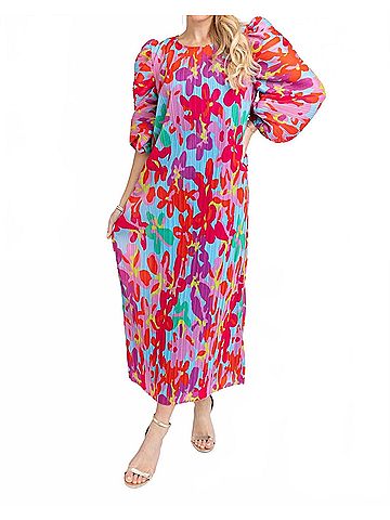 Karlie Big Floral Pleat Dress in Red Multi (view 2)