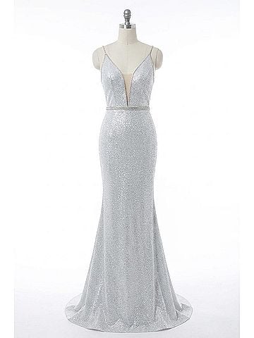 Angela & Alison Plunging V-Neck Prom Dress in Silver (view 1)